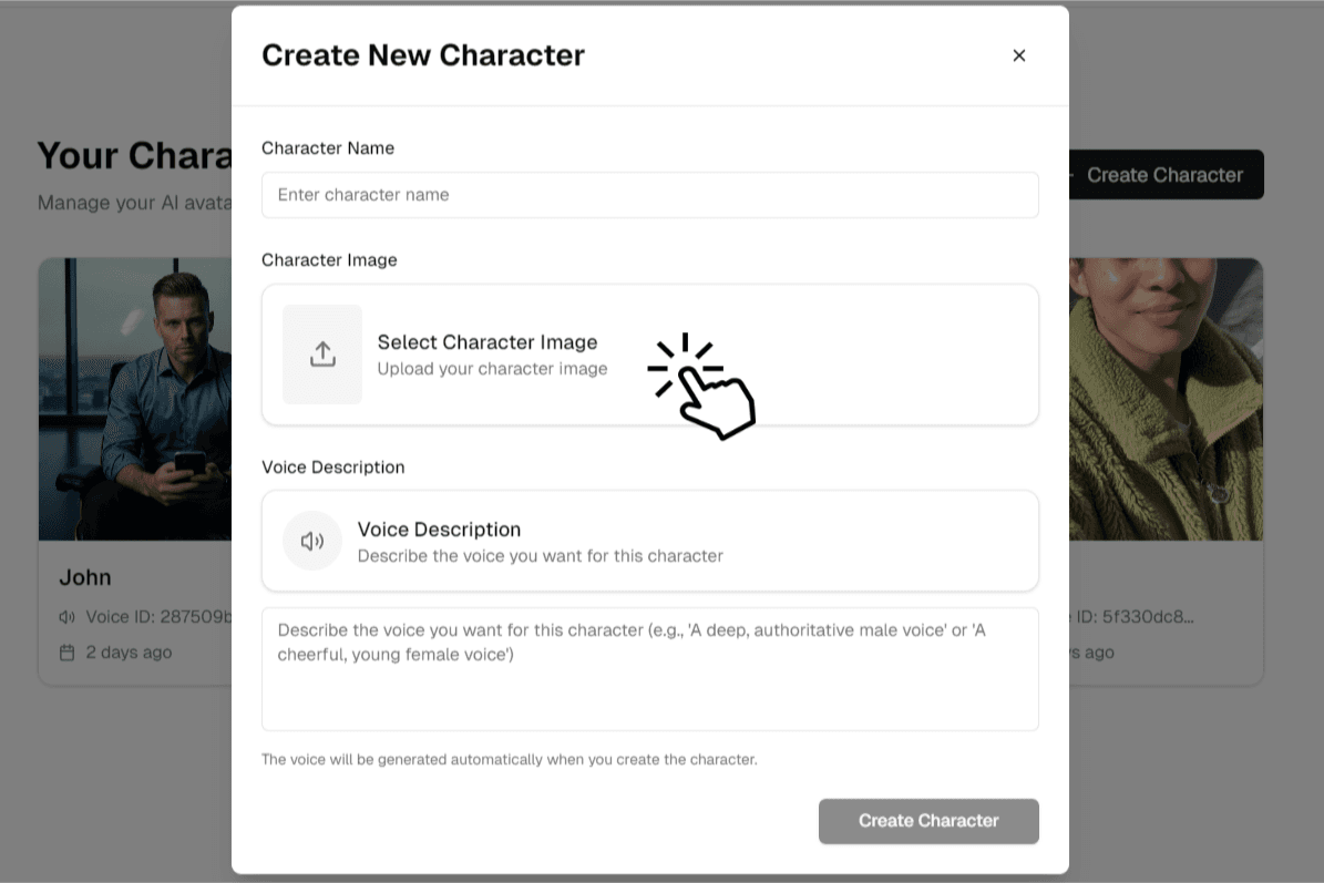 Character creation and selection interface