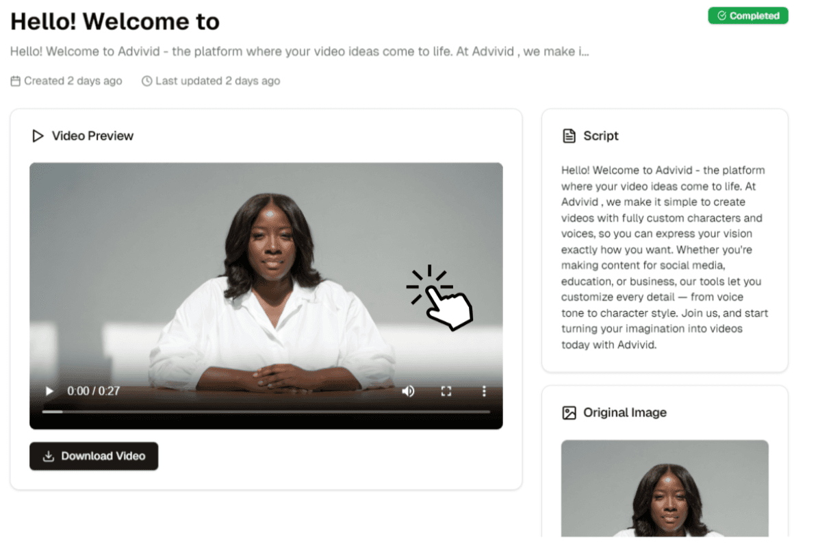 Video generation and download interface